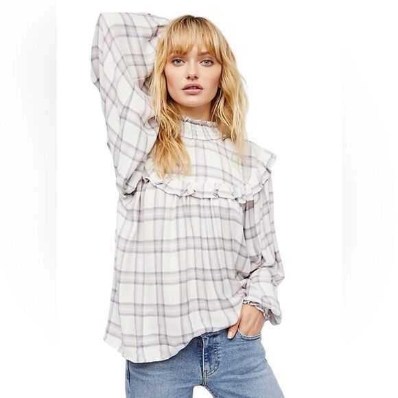 Free People Tops - Free People Charlie Ruffle Plaid Mockneck Blouse